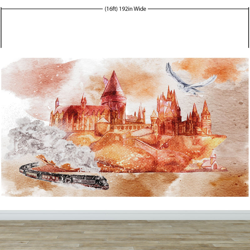 Wizardly World Wall Mural. Fantasy Theme with Castle / Train / Owl Peel and Stick Wallpaper.