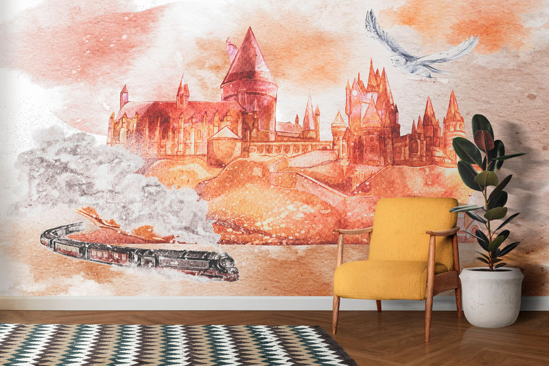 Wizardly World Wall Mural. Fantasy Theme with Castle / Train / Owl Peel and Stick Wallpaper.