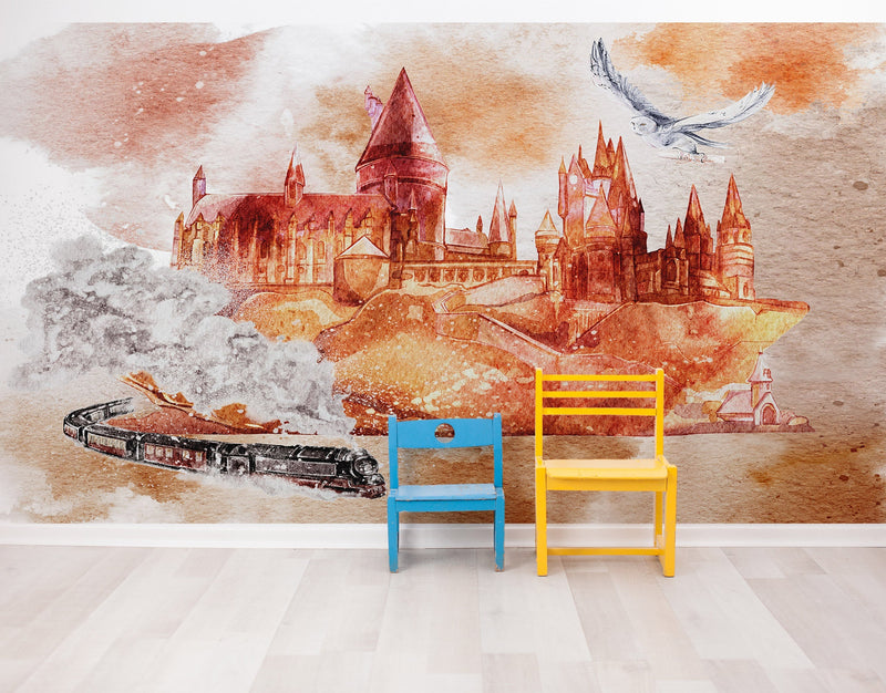 Wizardly World Wall Mural. Fantasy Theme with Castle / Train / Owl Peel and Stick Wallpaper.