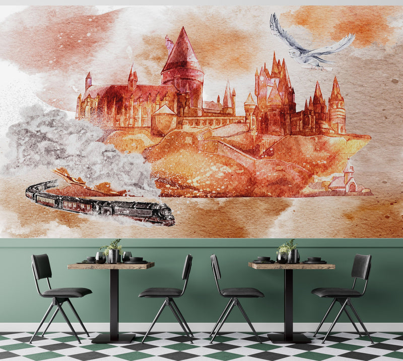 Wizardly World Wall Mural. Fantasy Theme with Castle / Train / Owl Peel and Stick Wallpaper.