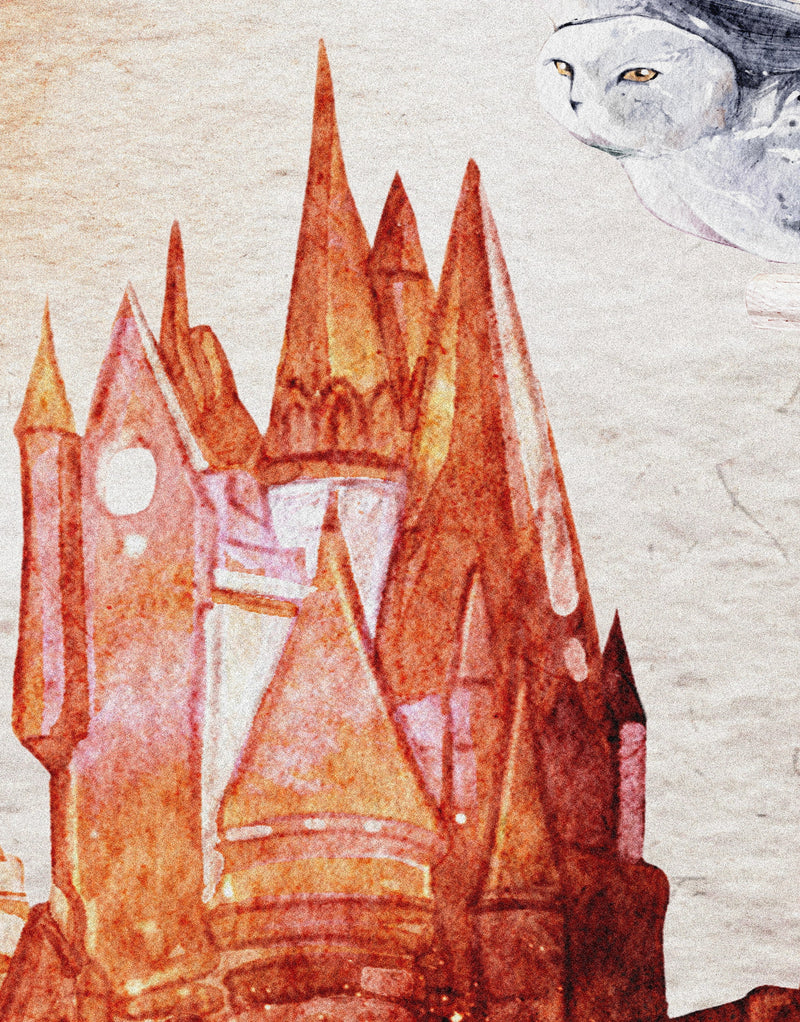 Wizardly World Wall Mural. Fantasy Theme with Castle / Train / Owl Peel and Stick Wallpaper.