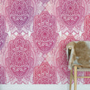 Large Floral Mandala Wall Art Wallpaper. Pink and Purple Ornament Design Peel and Stick Wall Mural.