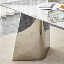 Table and chair set.63'x31.5x30' Luxurious Pandora patterned Sintered Stone Tabletop with Silver Stainless Steel Butterfly Legs.Paried With 6 Dark Gray High-quality PU Chairs With Arched Metal Legs.
