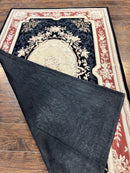 Needlepoint Rug 5x8, Wool Handmade Vintage European Design Carpet, Black & Maroon, French Aubusson Pattern Flatweave Rug