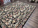 Wool Needlepoint Rug 9x12, William Morris Vintage Chinese Needlepoint Carpet 9 x 12, Handwoven, Allover Floral Area Rug, Black Light Green