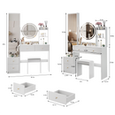 Full Body Mirror Cabinet + Round Mirror LED Vanity Table + Cushioned Stool, With 2 AC + 2 USB Power Station,17' diameter LED Mirror, Touch Control, 3-color, Brightness adjustable, Large Desktop