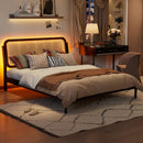 Queen Size Wood Storage Platform Bed with LED Light, Rattan Headboard, Espresso