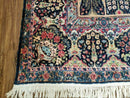 Persian Rug 10x15, Authentic Oriental Carpet 10 x 15, Wool Area Rug Panel Design Hand-Knotted Vintage Kirman Yazd Rug, Dark Blue and Beige,  Floral