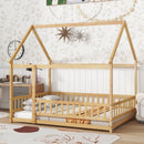Full Size House Floor Wooden Bed with Roof Frame, Safety Guardrails,Natural