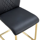 Table and chair set.Subtle Luxury Tempered Glass Dining Set - 63'x35.4' with 4 Black PU Chairs with golden C-tube metal leg.Arched Metal Gold Leg.White imitation marble texture sticker Tabletop.