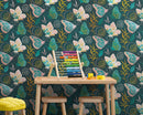 Butterfly Pattern Wall Mural. Retro Green and Gold Color Illustration Design. Bedroom, Nursery, Home Decor.