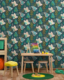 Butterfly Pattern Wall Mural. Retro Green and Gold Color Illustration Design. Bedroom, Nursery, Home Decor.