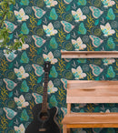Butterfly Pattern Wall Mural. Retro Green and Gold Color Illustration Design. Bedroom, Nursery, Home Decor.