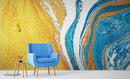 Abstract Bright Color Ink Splotch Pattern Wall Mural. Gold, White and Blue.