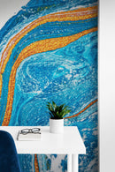 Abstract Bright Color Ink Splotch Pattern Wall Mural. Gold, White and Blue.