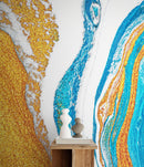 Abstract Bright Color Ink Splotch Pattern Wall Mural. Gold, White and Blue.