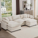 Oversized Modular Cushion Sofa with Ottomans, Comfy Upholstered U-Shaped Convertible Corner Sectional Sofa, Light Beige Corduroy