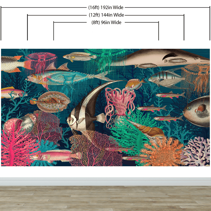 Vintage Retro Underwater Marine Sea Life Wall Mural. Beach / Nautical / Marine Life Theme Peel and Stick Wallpaper.