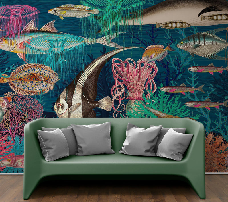 Vintage Retro Underwater Marine Sea Life Wall Mural. Beach / Nautical / Marine Life Theme Peel and Stick Wallpaper.