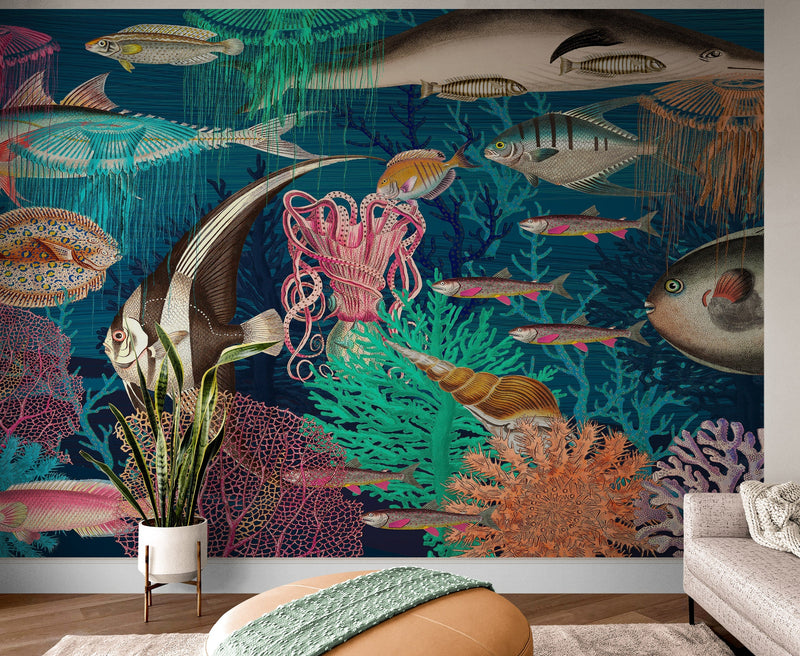 Vintage Retro Underwater Marine Sea Life Wall Mural. Beach / Nautical / Marine Life Theme Peel and Stick Wallpaper.