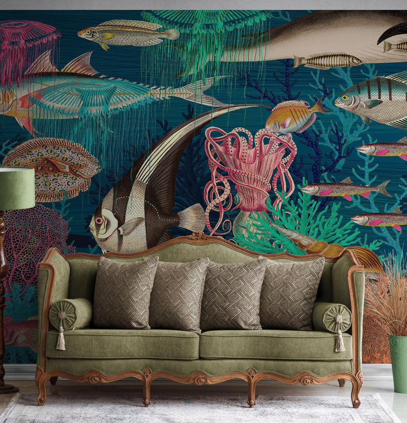 Vintage Retro Underwater Marine Sea Life Wall Mural. Beach / Nautical / Marine Life Theme Peel and Stick Wallpaper.