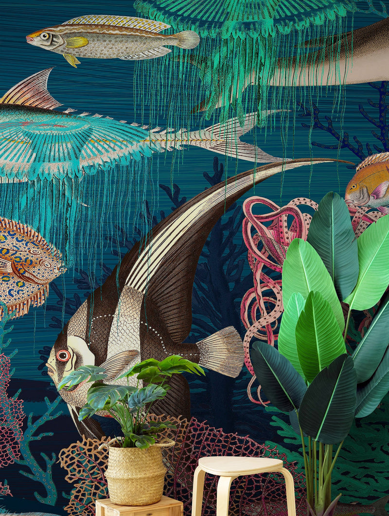 Vintage Retro Underwater Marine Sea Life Wall Mural. Beach / Nautical / Marine Life Theme Peel and Stick Wallpaper.