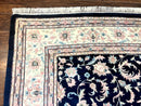 Indo Persian Rug 9x12, Navy Blue and Ivory/Cream, Floral Allover, Wool Vintage Handmade Carpet
