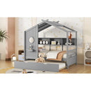 Wooden Twin Size House Bed With Trundle, Modern Design for Kids with Storage Shlef, Gray