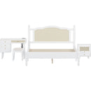 3 Pieces Bedroom Set with Queen Size Wooden Bed Frame, 1 Vintage  Nightstand and 1 Makeup Vanity Set with Stool,White