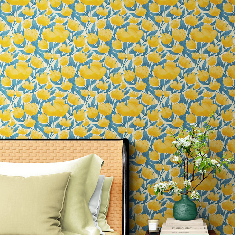 Yellow Floral Flower Background Pattern Wall Mural.