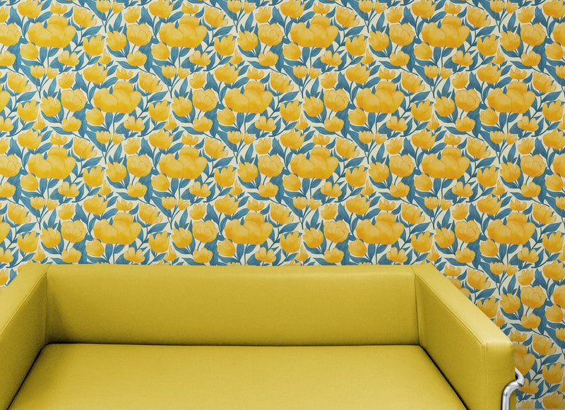 Yellow Floral Flower Background Pattern Wall Mural.