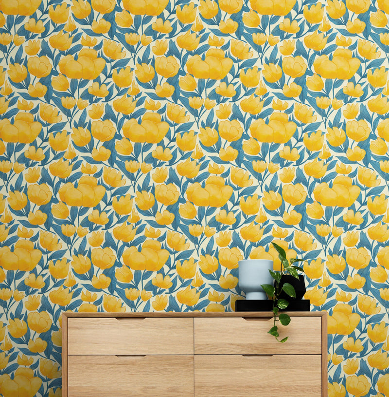 Yellow Floral Flower Background Pattern Wall Mural.