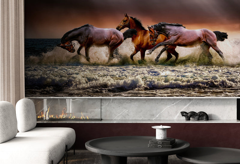 Wild Horses Galloping on Beach Wall Mural. Peel and Stick Wallpaper.