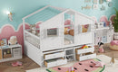 Full Size House Loft Bed with Roof, Windows,4 Storage Drawers,Pine Wooden Bed with Safety Guardrails,Ladder,White