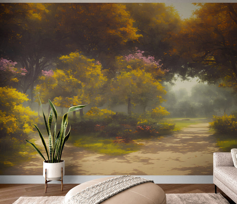 Vintage Trees in Park Wallpaper. Peel and Stick Wall Mural.