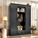 U-Can 85.2''H Hall Tree with Bench and 3 Hooks, Modern Entryway Storage Organizer Cabinet with 4 Doors, 1 Drawer and Adjustable Shelves for Hallway, Entryway, Living Room
