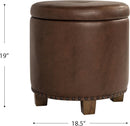 Round Storage Ottoman With Nailhead-Trim Brown Faux Leather
