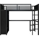 Full XL Size Loft Bed Frame with Built-in Wardrobe, Metal Loft Bed with Desk and Storage Shelves, Black