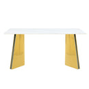 Table and chair set.63'x31.5x30' Luxurious Snow Mountain Patterned Sintered Stone Table with Golden Stainless Steel Butterfly Legs.Paried With 4 Black High-quality PU Chairs With Arched Metal Legs.
