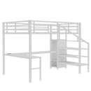 Queen Size Loft Bed with L-shaped Desk and USB, Metal Loft Bed with Wardrobe and Adjustable Shelf, High Loft Bed with LED for Kids Teens Adults, White