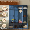 [Assembly Video Provided]  Farmhouse Hall Tree with 4 Hidden Hanging Hooks, Versatile Walnut Seating Bench with 8 Doors, Entryway Shoe Cabinet with Open Compartments for Living Room, Blue