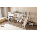 Full Size Metal Loft Bed with Staircase,Low Storage Table and Storage Shelves,White