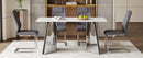 Table and chair set.63'x31.5x30' Luxurious Snow Mountain Patterned Sintered Stone Table with Silver Metal Butterfly Legs.Paried With 4 Dark Gray High-quality PU Chairs With Arched Metal Legs.