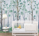 Nursery Woodland Forest Wallpaper. Watercolor Birch Tree Forest Wall Mural.