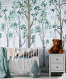 Nursery Woodland Forest Wallpaper. Watercolor Birch Tree Forest Wall Mural.