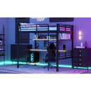 Full Size Metal Loft Bed Frame with Storage Shelf and LED Light,Iron mesh,Black