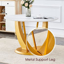 Table and chair set.Luxurious Snow Mountain White Slab Round Dining Table Set - 47'x47' with 4 Black PU Chairs with Simple Line Designs On The Backrest .Golden Metal Legs.