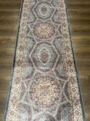 Turkish Silk Runner Rug 2.6 x 13, Blue Runner Rug, Dome Design, Bamboo Silk, New