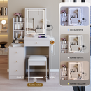 29.2' Small Size Left Bedside Cabinet Vanity Table + Cushioned Stool, 2 AC+2 USB Power Station, Hair dryer bracket, Extra Large Touch Control Sliding LED Mirror, Tri-color Switching, Brightness Adjust