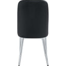 6 modern dining chairs, sleek PU backrest, and silver metal legs bring a comfortable home experience to the kitchen, bedroom, and office.Black PU Chairs with Simple Line Designs On The Backrest.
